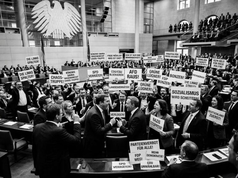 Tumult im Deutschen Bundestag: Abgeordnete brüllen sich an und halten Protestschilder mit Parolen gegen alle Parteien hoch