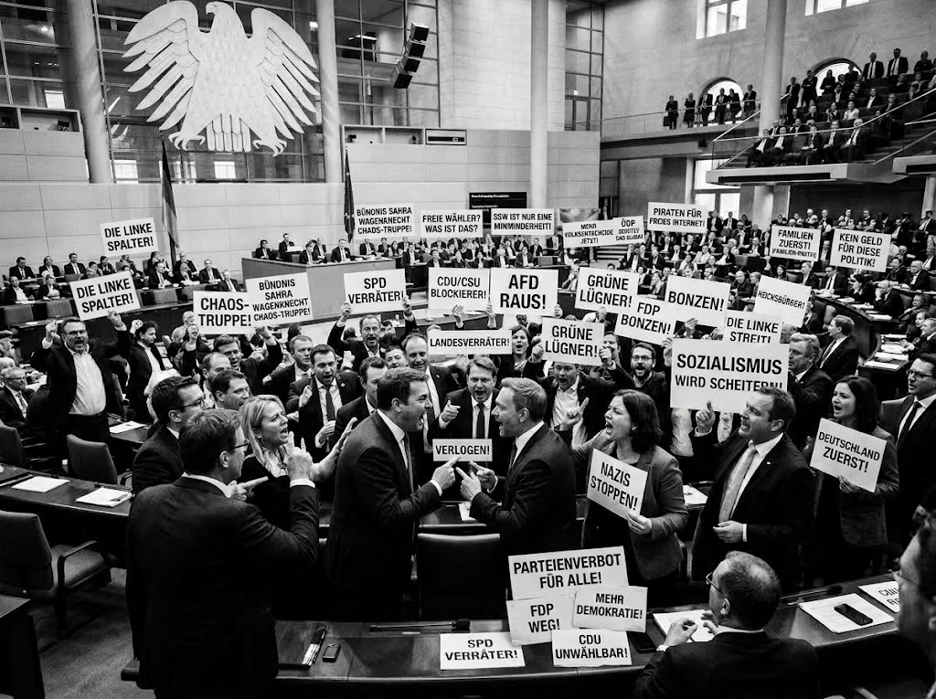 Tumult im Deutschen Bundestag: Abgeordnete brüllen sich an und halten Protestschilder mit Parolen gegen alle Parteien hoch